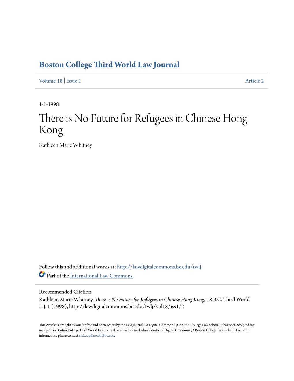 There Is No Future for Refugees in Chinese Hong Kong Kathleen Marie Whitney