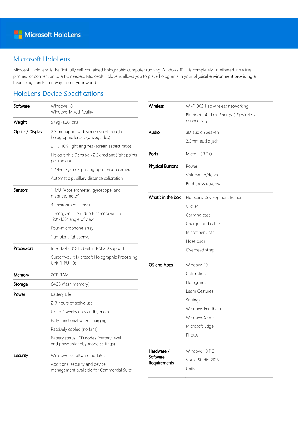 Microsoft Hololens Hololens Device Specifications