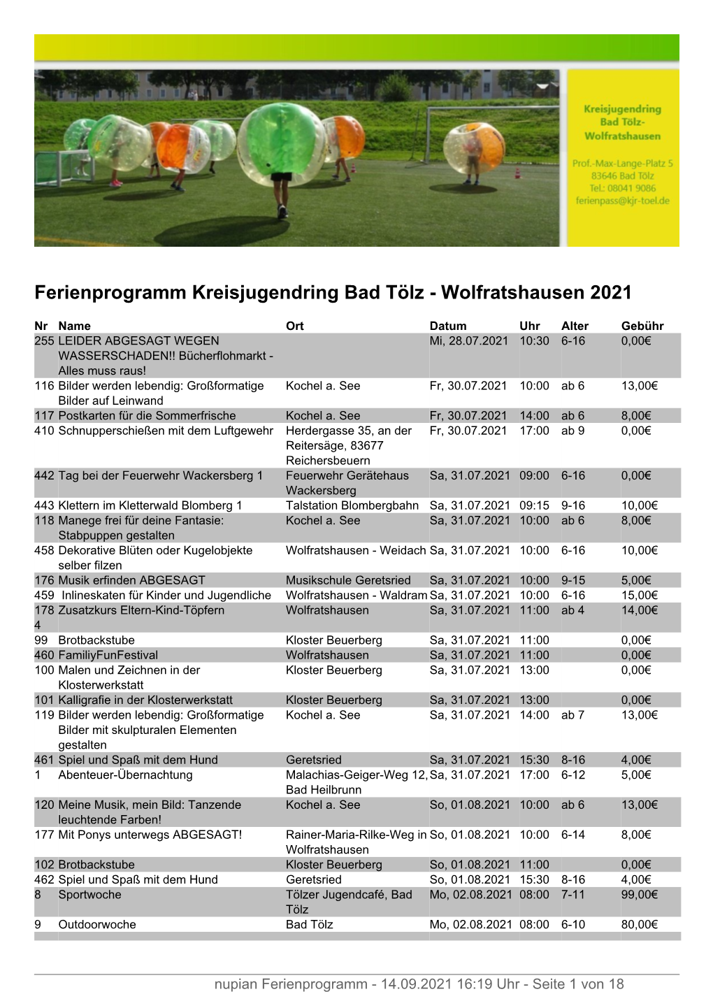 Ferienprogramm Kreisjugendring Bad Tölz - Wolfratshausen 2021