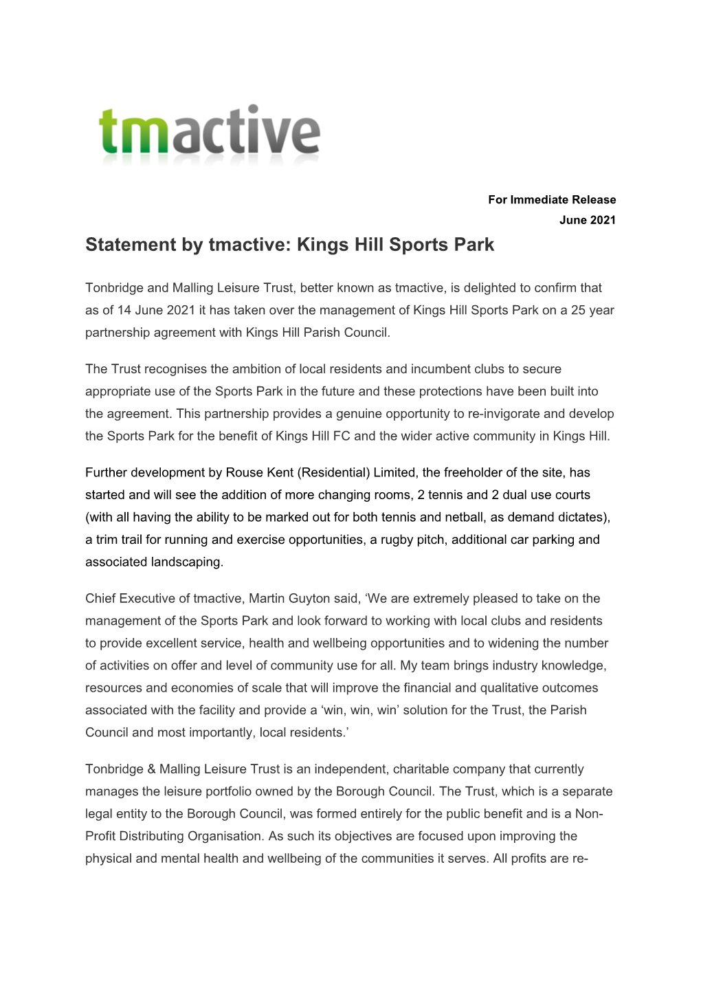 Statement by Tmactive: Kings Hill Sports Park