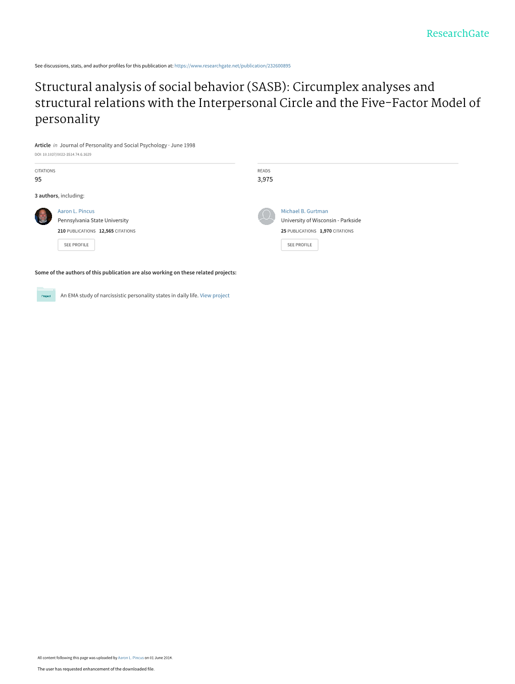 Structural Analysis of Social Behavior (SASB): Circumplex Analyses and Structural Relations with the Interpersonal Circle and the Five-Factor Model of Personality