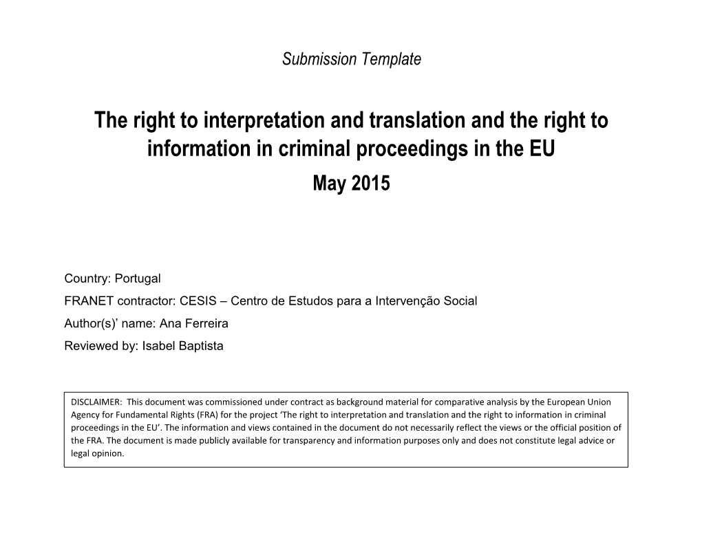 The Right to Interpretation and Translation and the Right to Information in Criminal Proceedings in the EU May 2015