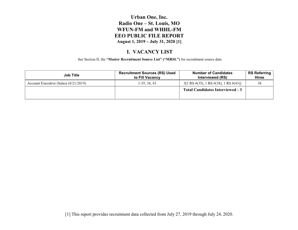St. Louis, MO WFUN-FM and WHHL-FM EEO PUBLIC FILE REPORT August 1, 2019 – July 31, 2020 [1]