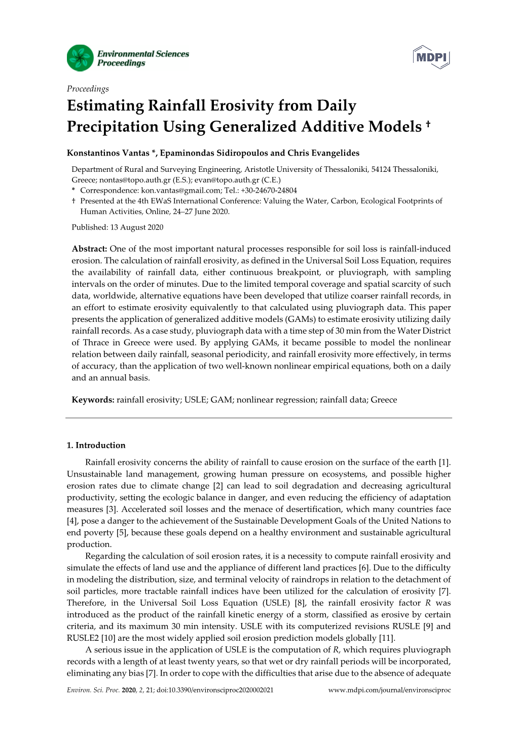 Estimating Rainfall Erosivity from Daily Precipitation Using Generalized Additive Models †