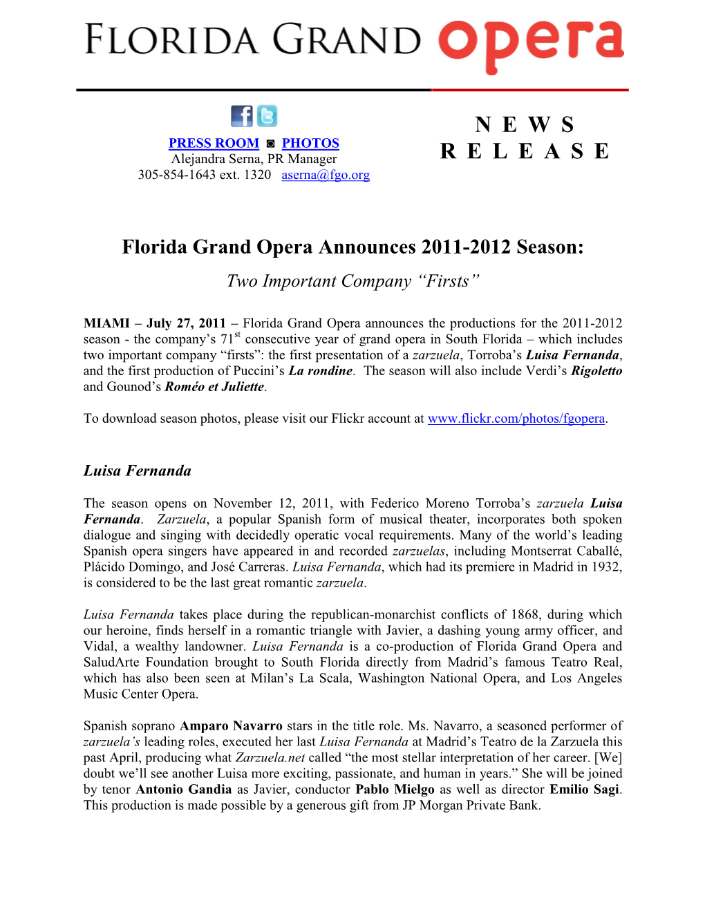 Florida Grand Opera Announces 2011-2012 Season: Two Important Company “Firsts”