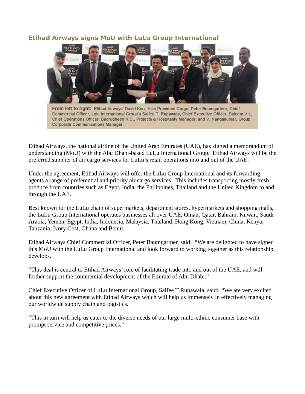 UAE), Has Signed a Memorandum of Understanding (Mou) with the Abu Dhabi-Based Lulu International Group