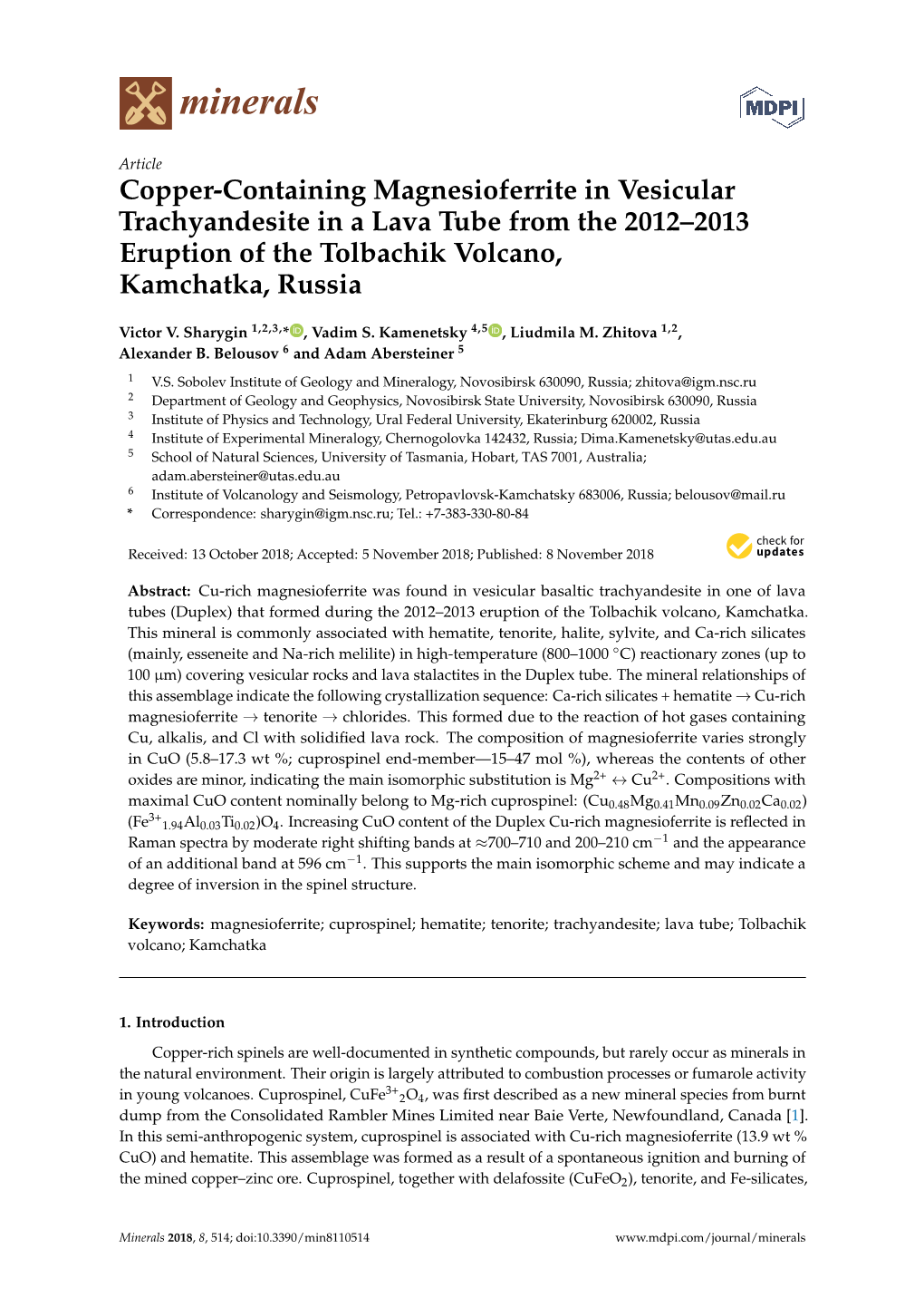 Copper-Containing Magnesioferrite in Vesicular Trachyandesite in a Lava Tube from the 2012–2013 Eruption of the Tolbachik Volcano, Kamchatka, Russia