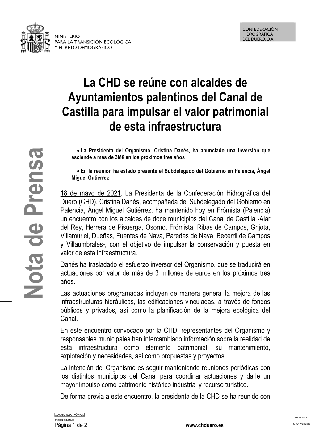 NP Reunión CHD Ayuntamientos Del Canal De Castilla