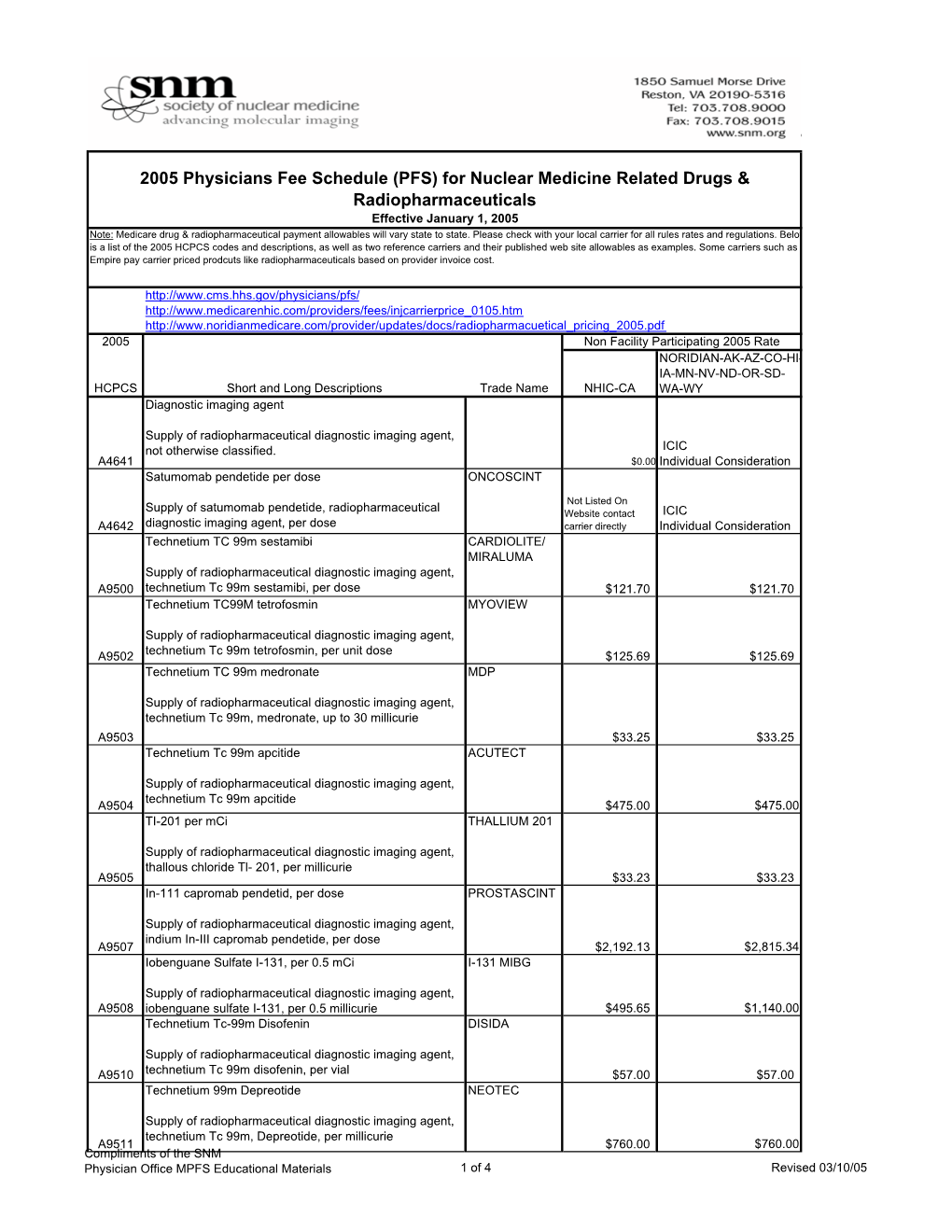 2005 Physicians Fee Schedule (PFS) for Nuclear Medicine Related Drugs