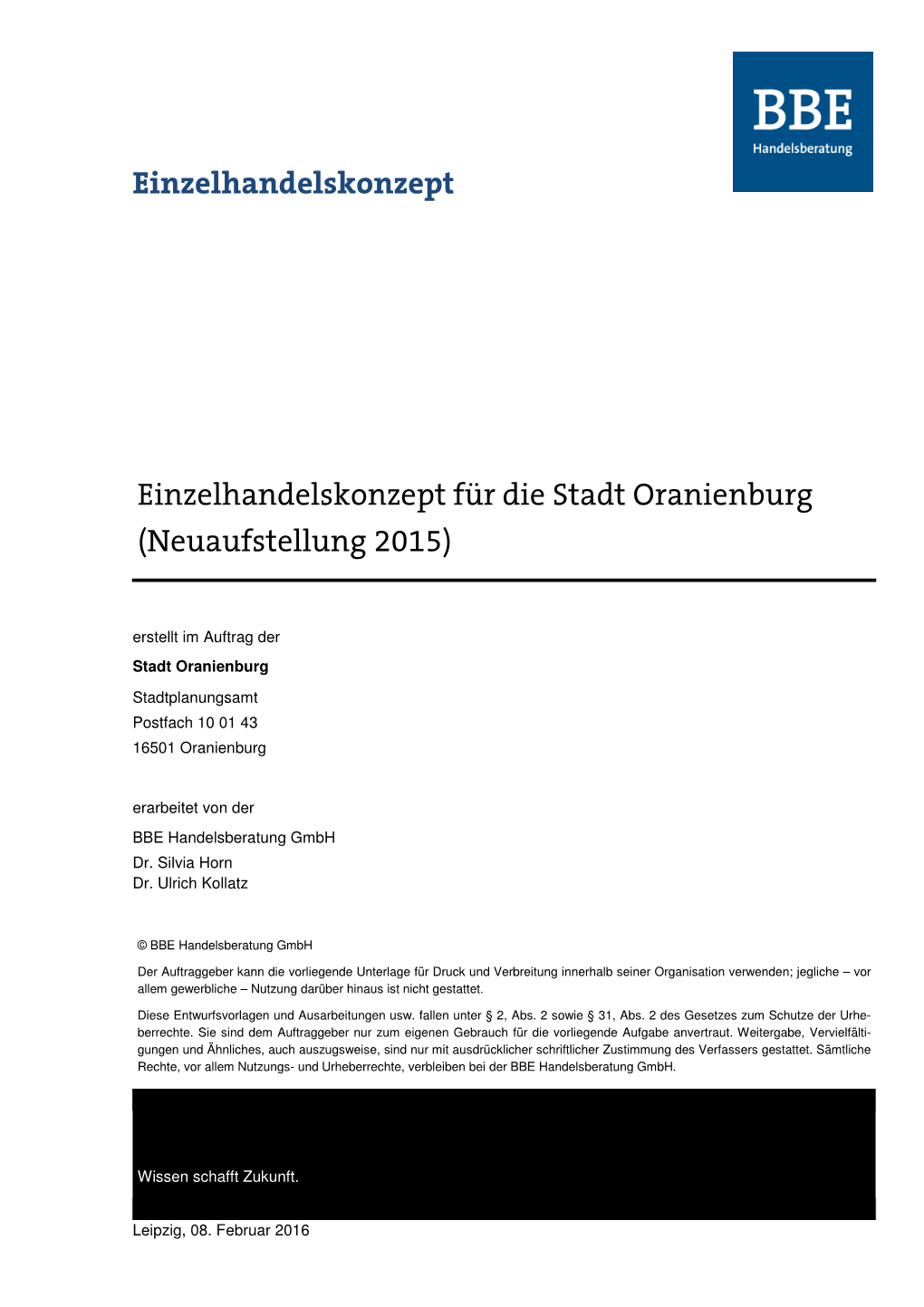 Einzelhandelskonzept Für Die Stadt Oranienburg (Neuaufstellung 2015)