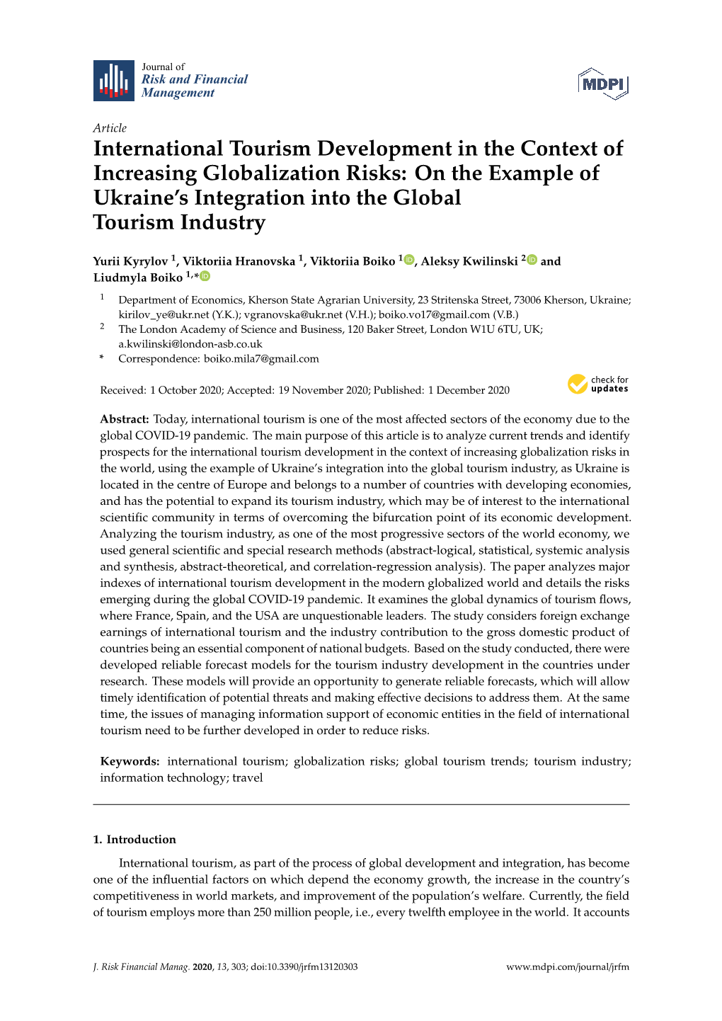 International Tourism Development in the Context of Increasing Globalization Risks: on the Example of Ukraine’S Integration Into the Global Tourism Industry