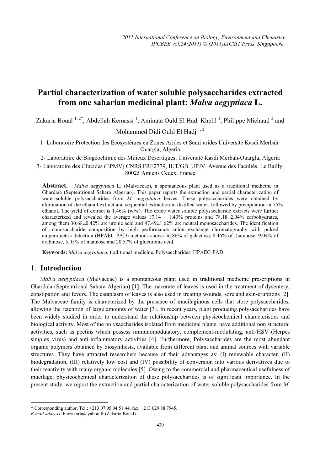 Partial Characterization of Water Soluble Polysaccharides Extracted from One Saharian Medicinal Plant: Malva Aegyptiaca L