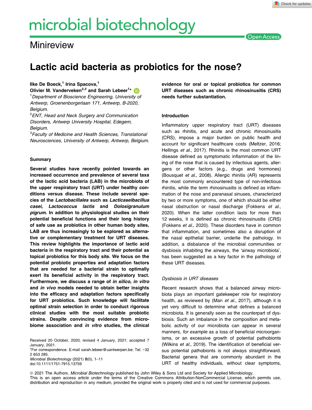 Lactic Acid Bacteria As Probiotics for the Nose?