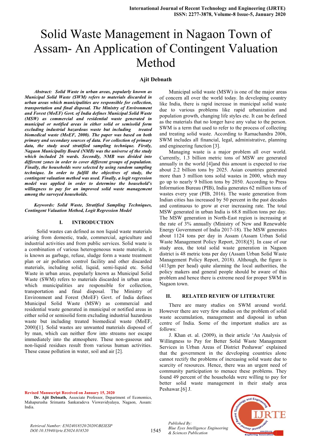 Solid Waste Management in Nagaon Town of Assam- an Application of Contingent Valuation Method