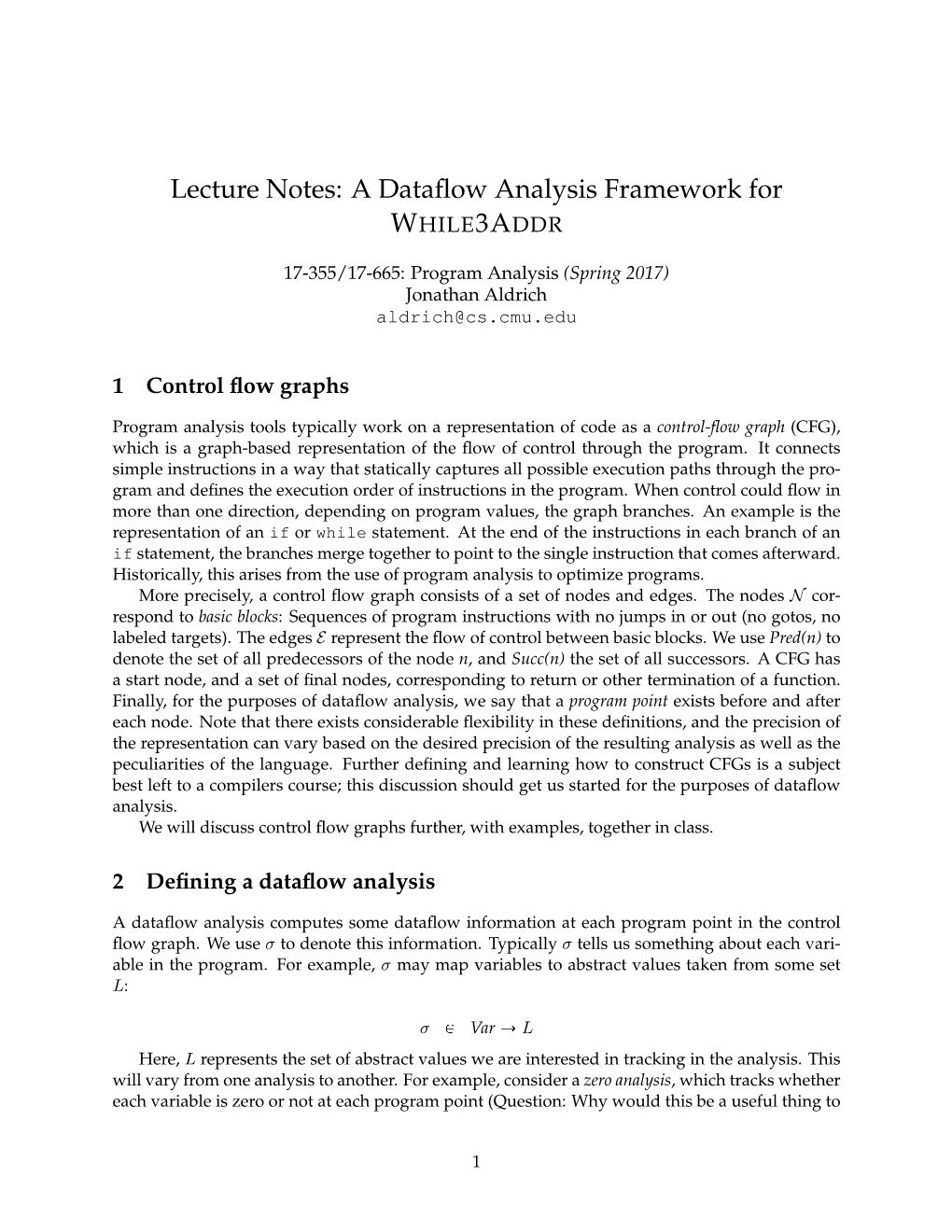 Lecture Notes: a Dataflow Analysis Framework