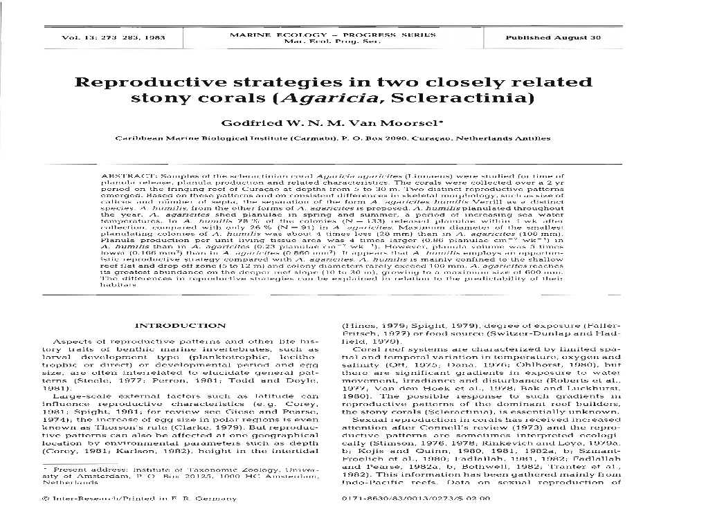Reproductive Strategies in Two Closely Related Stony Corals (Agaricia, Scleractinia)