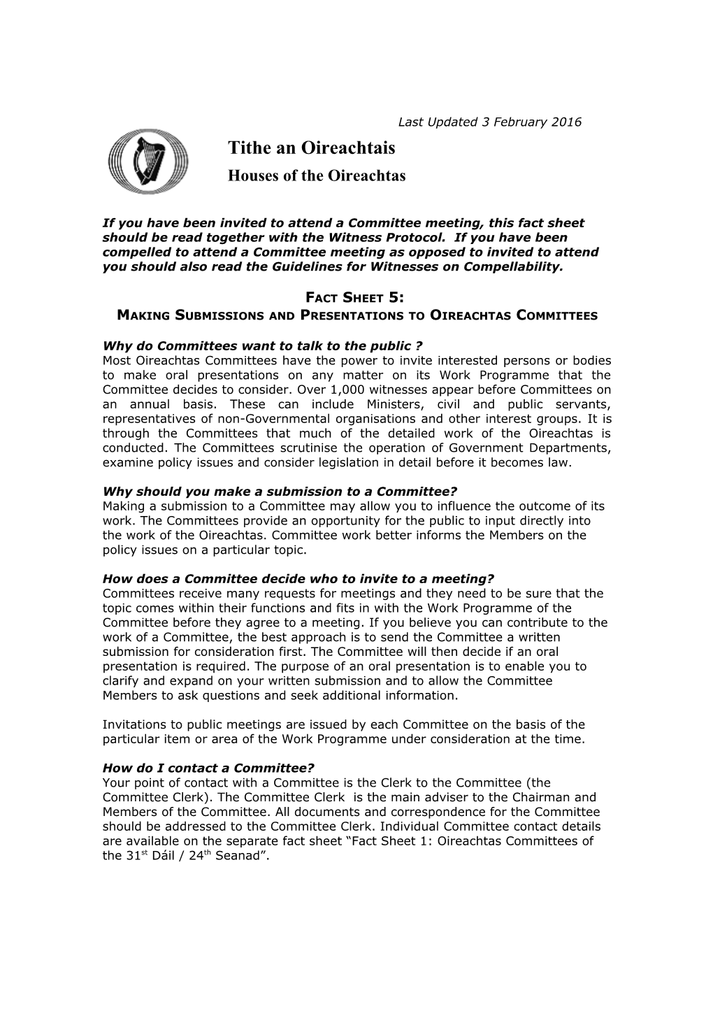 Making Submissions and Presentations to Oireachtas Committees