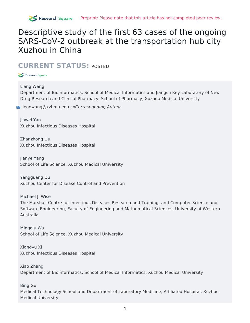 Descriptive Study of the First 63 Cases of the Ongoing SARS-Cov-2 Outbreak at the Transportation Hub City Xuzhou in China