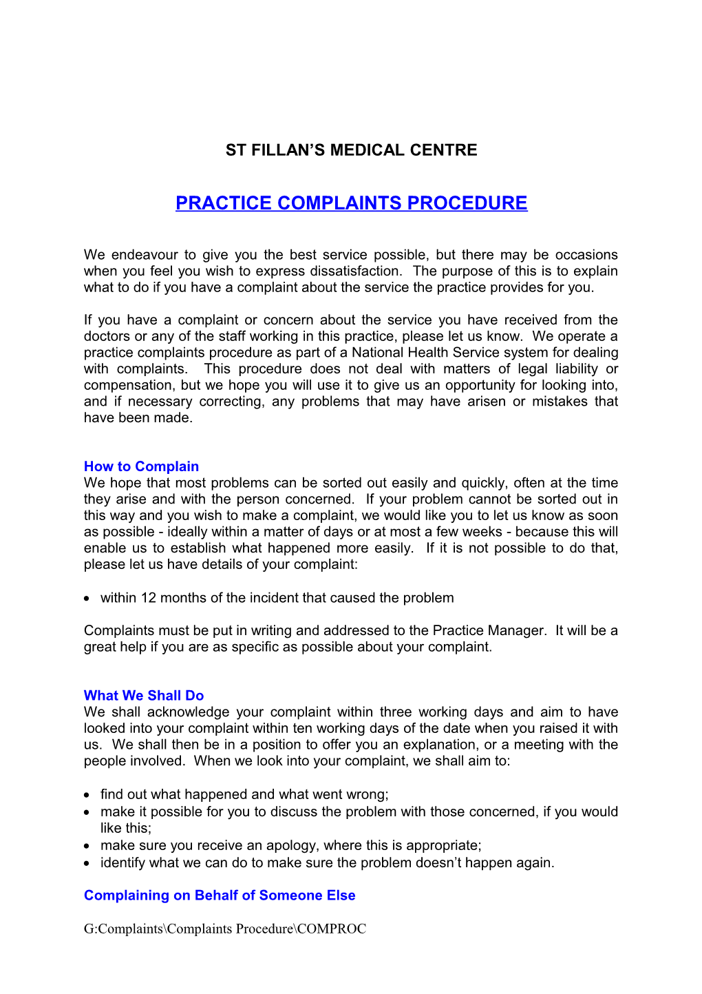 Practice Complaints Procedure