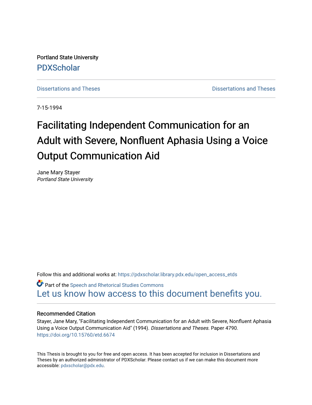 Facilitating Independent Communication for an Adult with Severe, Nonfluent Aphasia Using a Voice Output Communication Aid" (1994)