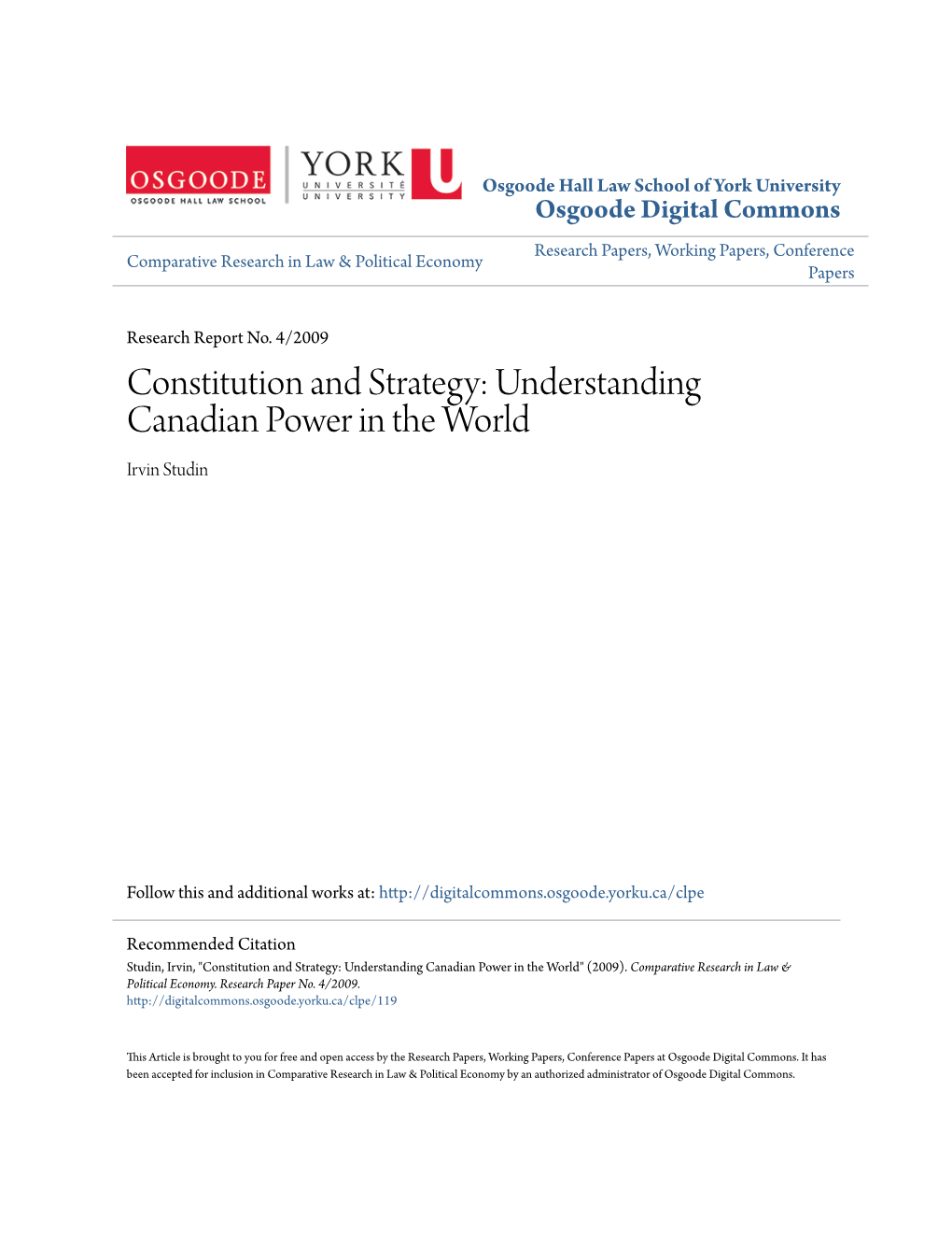 Constitution and Strategy: Understanding Canadian Power in the World Irvin Studin