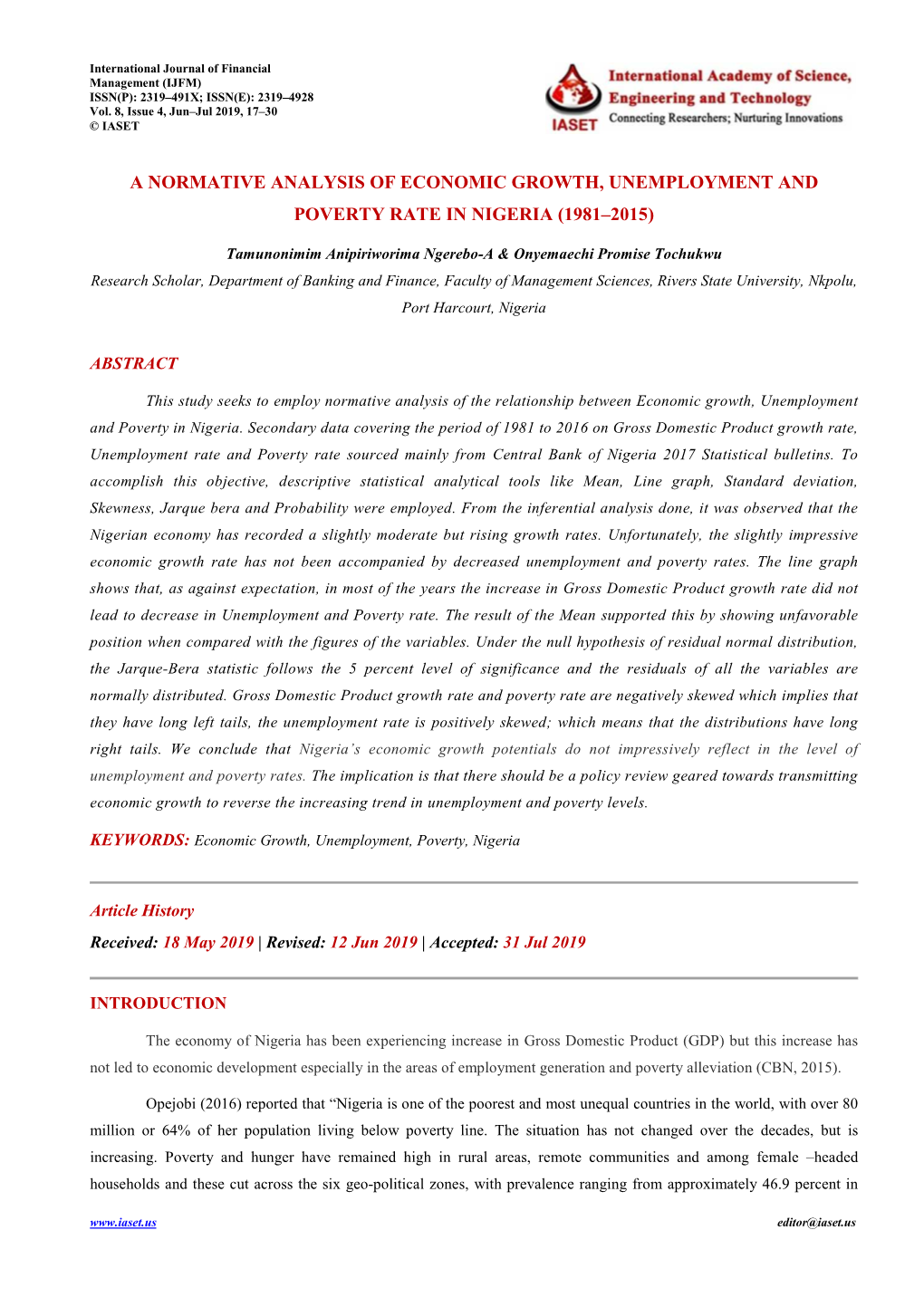 A Normative Analysis of Economic Growth, Unemployment and Poverty Rate in Nigeria (1981–2015)