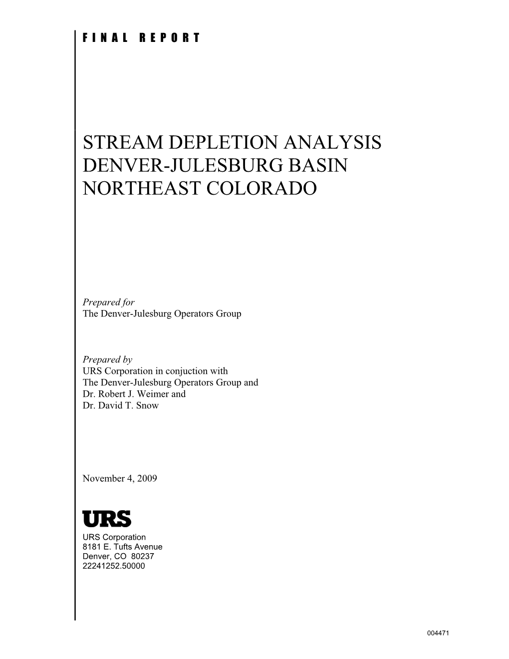 Stream Depletion Analysis Denver-Julesburg Basin Northeast Colorado