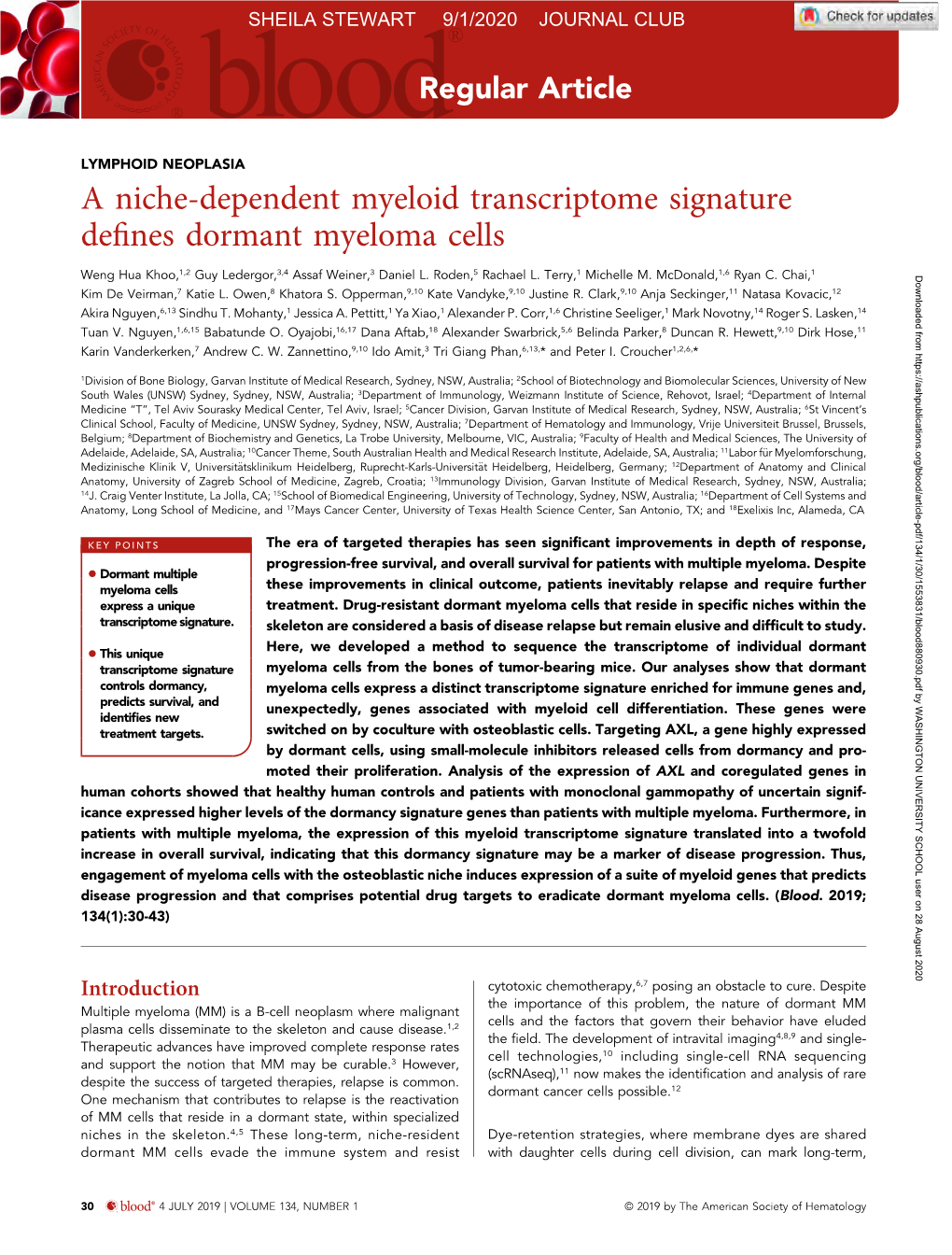 A Niche-Dependent Myeloid Transcriptome Signature Deﬁnes Dormant Myeloma Cells