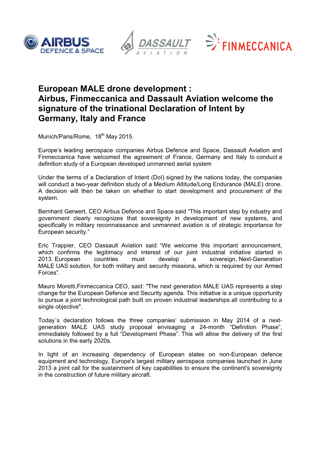 European MALE Drone Development : Airbus, Finmeccanica and Dassault