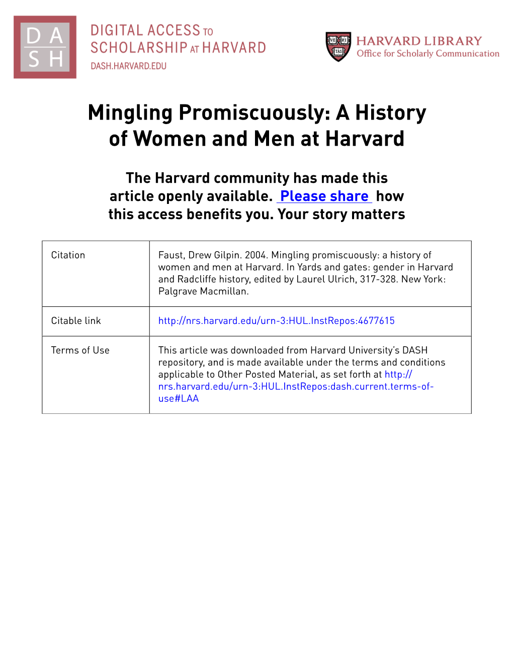 Mingling Promiscuously: a History of Women and Men at Harvard