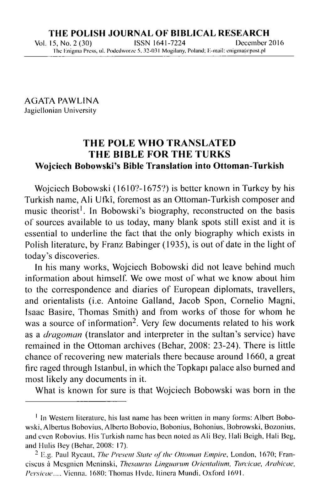 The Pole Who Translated the Bible for the Turks. Wojciech Bobowski's