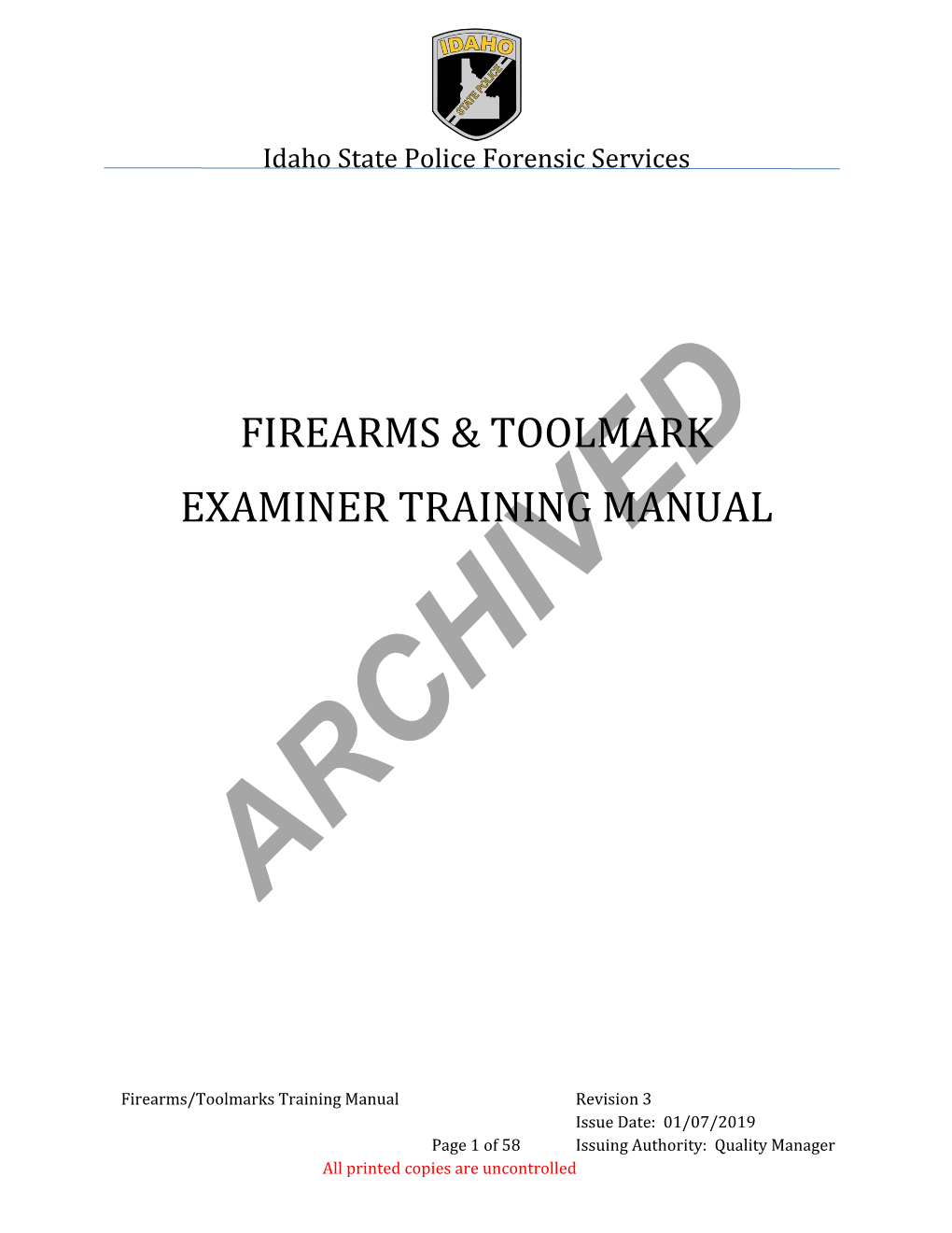 Firearms & Tool Mark Examiner Training Manual