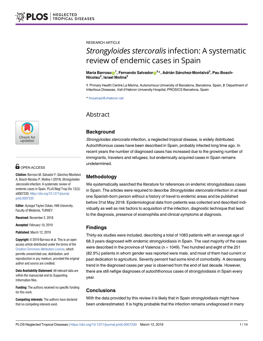 Strongyloides Stercoralis Infection: a Systematic Review of Endemic Cases in Spain