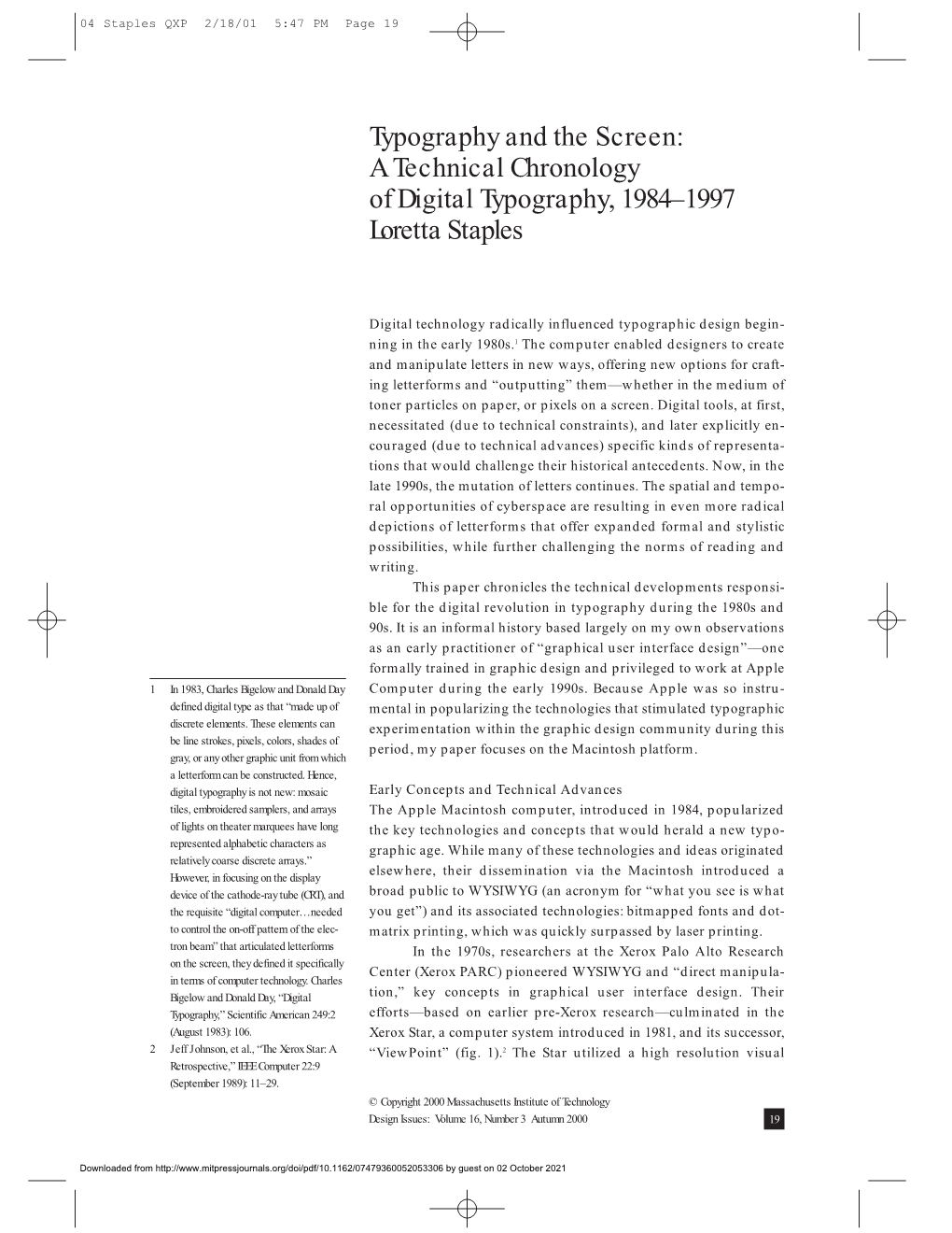 Typography and the Screen: a Technical Chronology of Digital Typography, 1984–1997 Loretta Staples