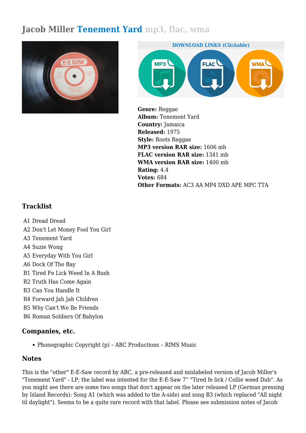 Jacob Miller Tenement Yard Mp3, Flac, Wma