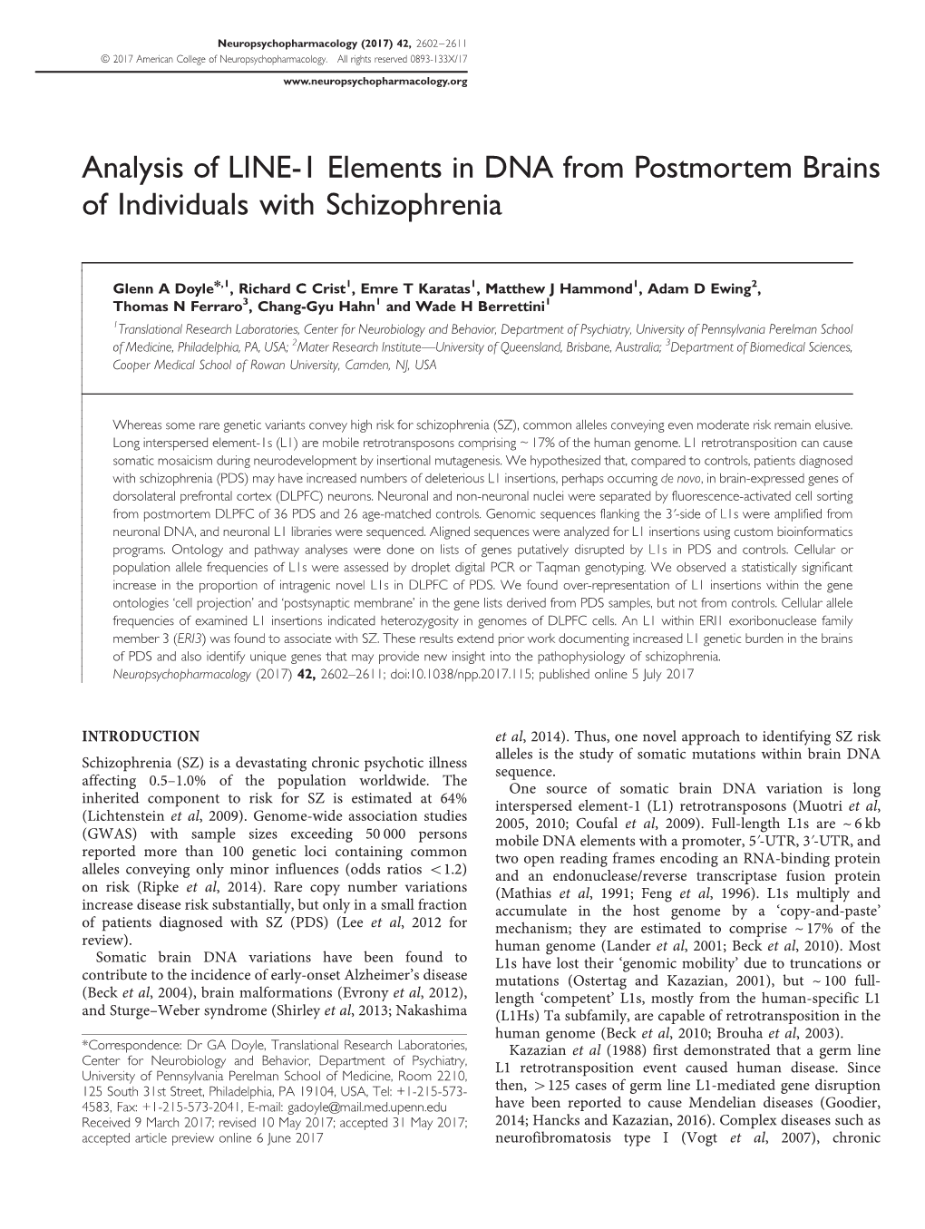 Analysis of LINE-1 Elements in DNA from Postmortem Brains of Individuals with Schizophrenia