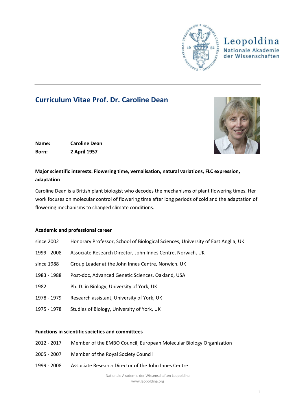 Curriculum Vitae Prof. Dr. Caroline Dean