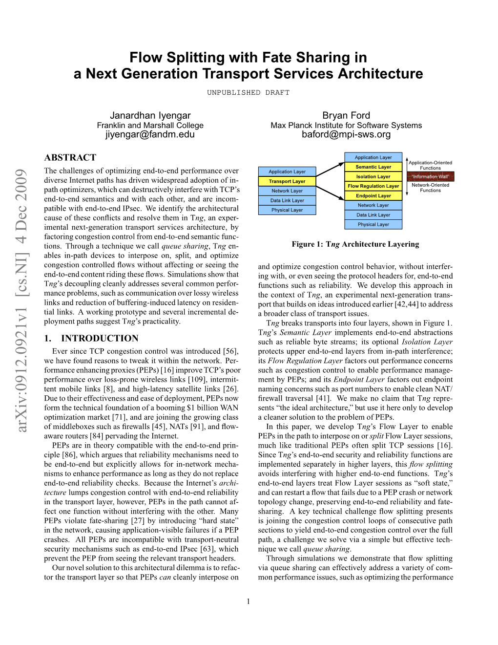 Flow Splitting with Fate Sharing in a Next Generation Transport Services Architecture