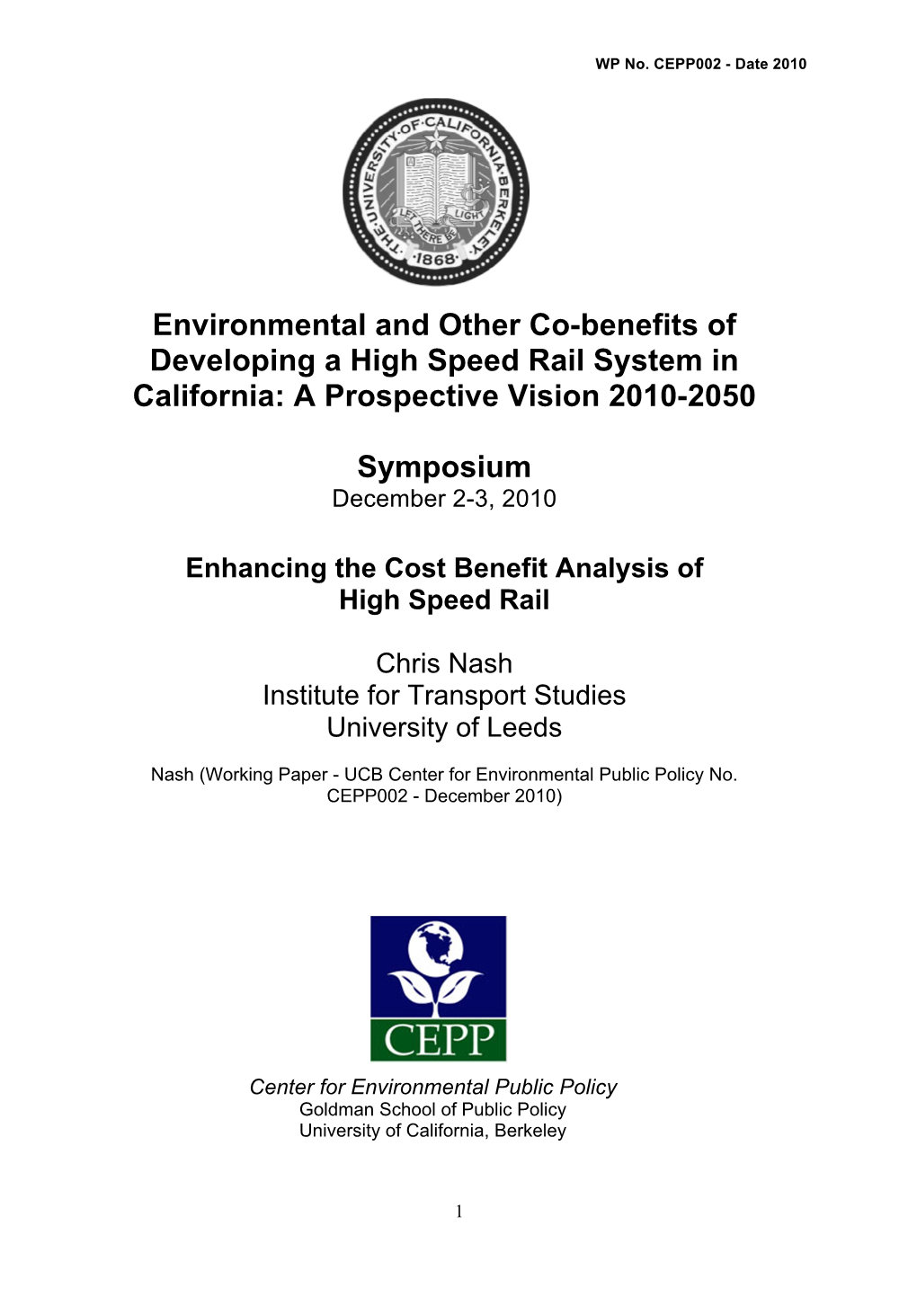 Environmental and Other Co-Benefits of Developing a High Speed Rail System in California: a Prospective Vision 2010-2050
