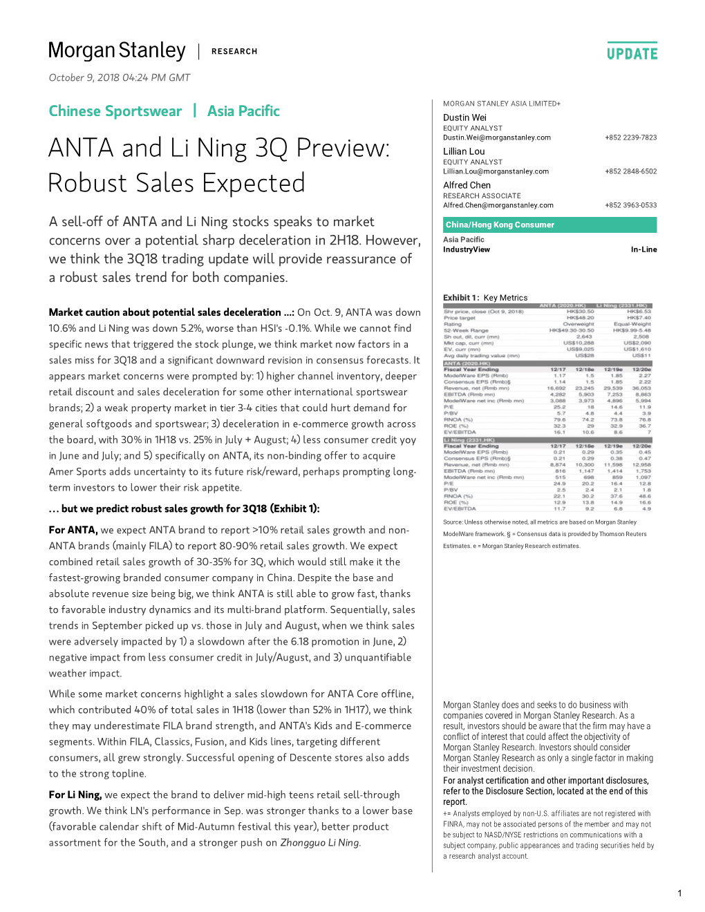 Chinese Sportswear: ANTA and Li Ning 3Q Preview: Robust Sales