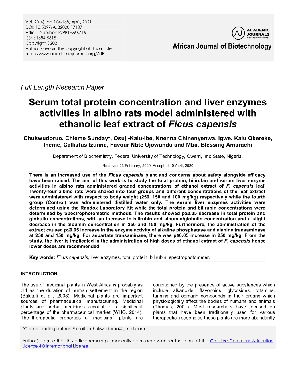 Serum Total Protein Concentration and Liver Enzymes Activities in Albino Rats Model Administered with Ethanolic Leaf Extract of Ficus Capensis