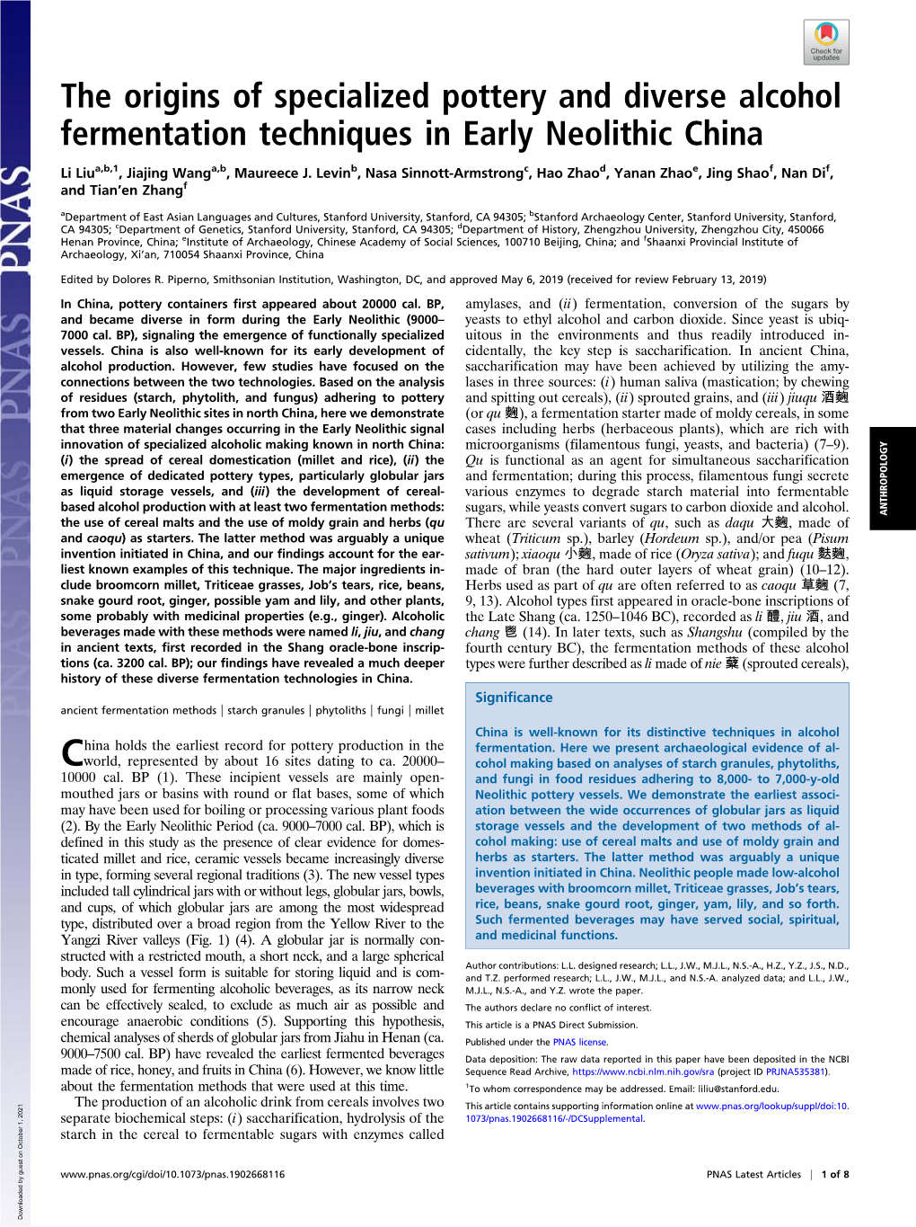 The Origins of Specialized Pottery and Diverse Alcohol Fermentation Techniques in Early Neolithic China