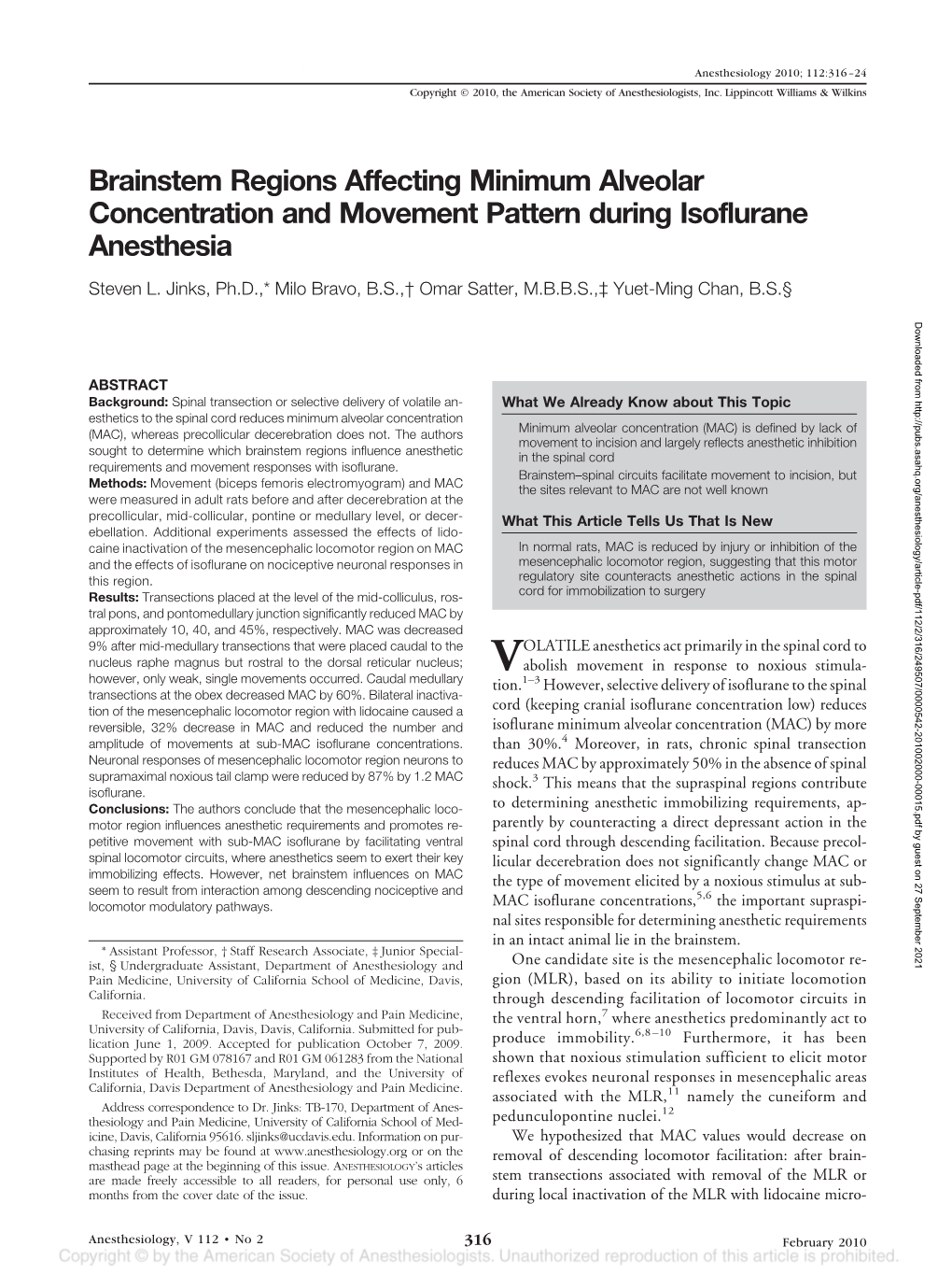 Brainstem Regions Affecting Minimum Alveolar Concentration and Movement Pattern During Isoflurane Anesthesia