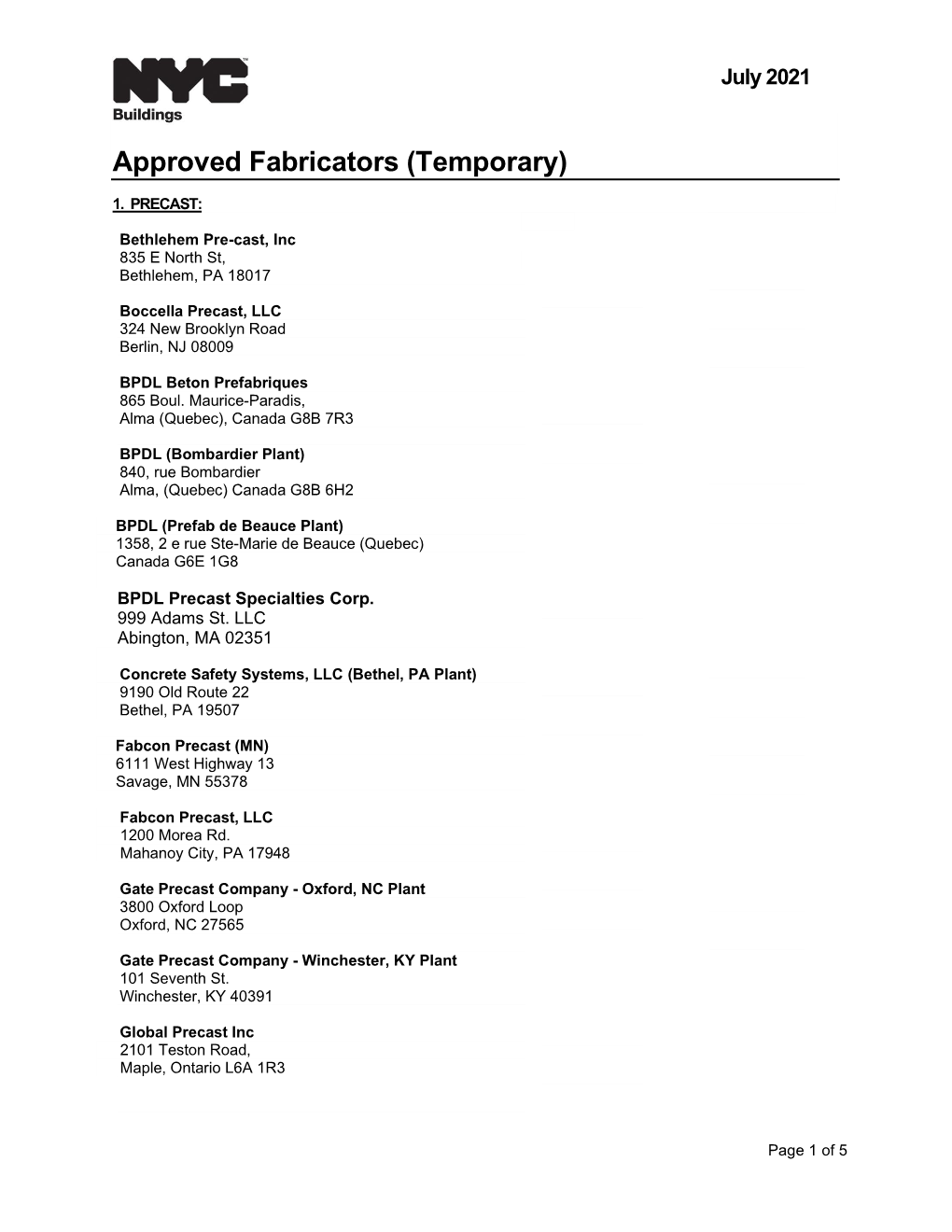 Approved Fabricators (Temporary)