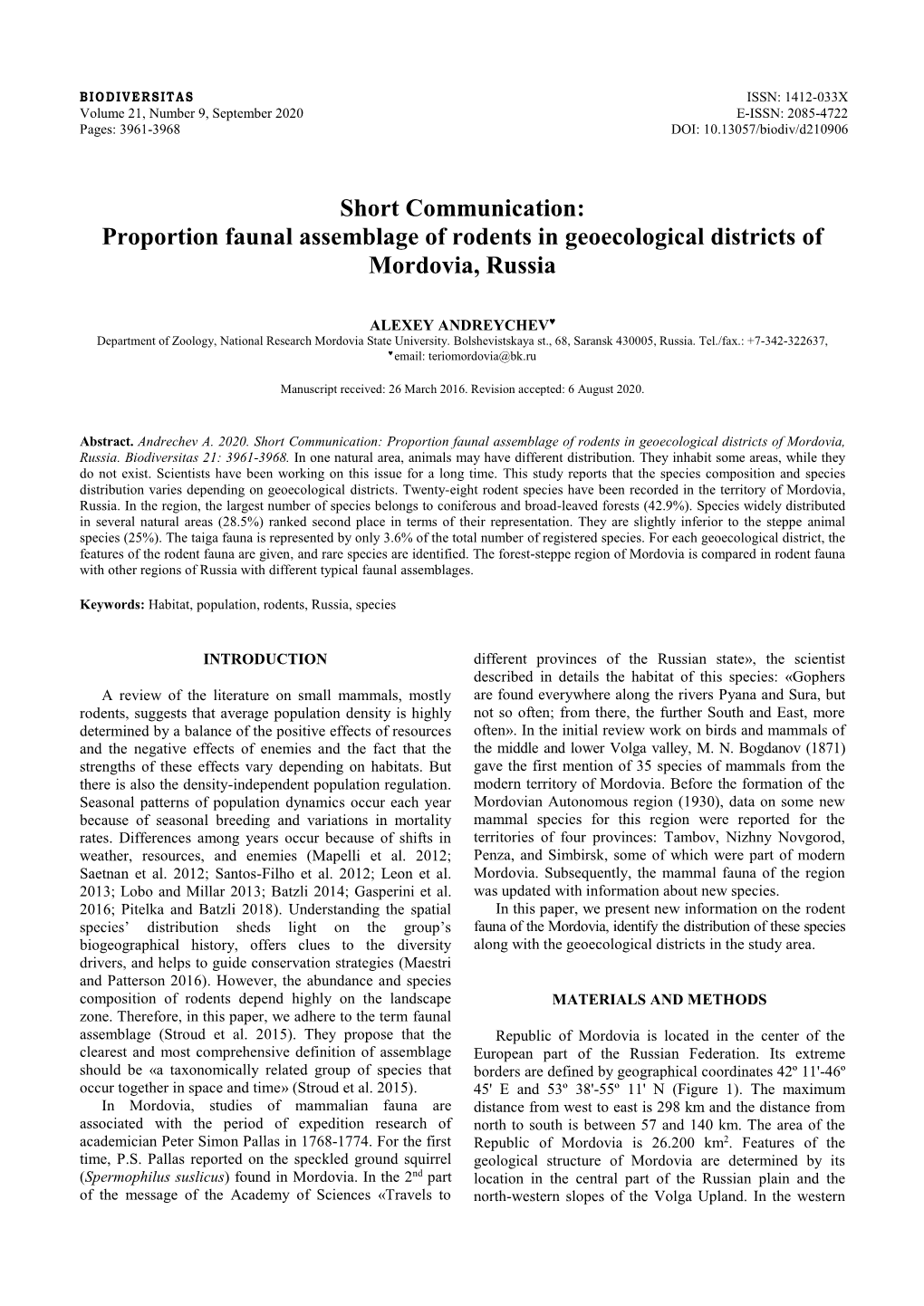 Proportion Faunal Assemblage of Rodents in Geoecological Districts of Mordovia, Russia