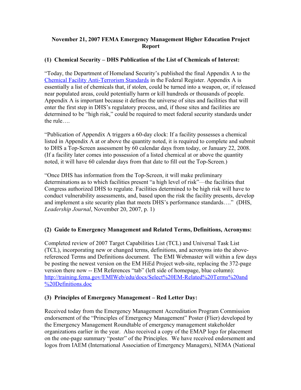 November 21, 2007 FEMA Emergency Management Higher Education Project Report