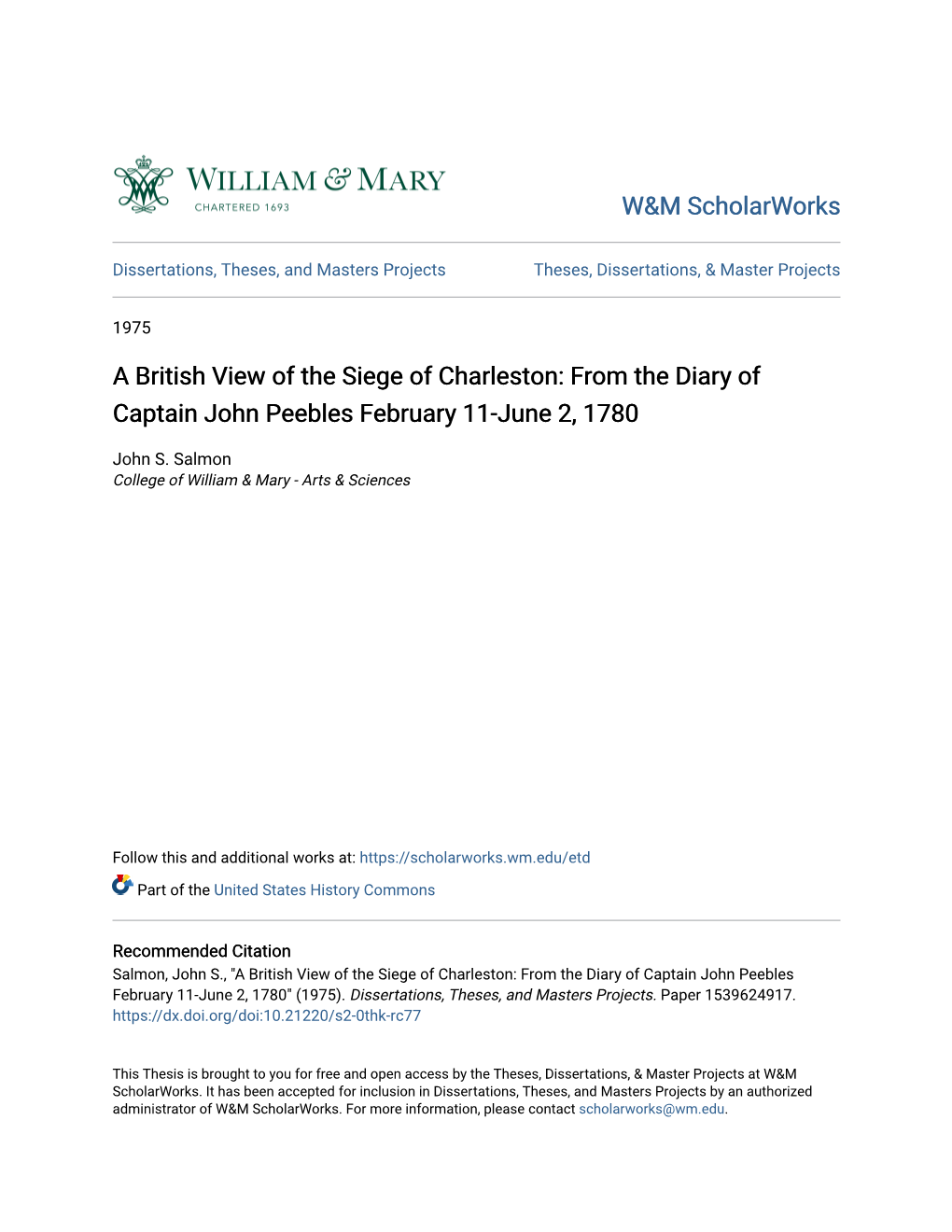 A British View of the Siege of Charleston: from the Diary of Captain John Peebles February 11-June 2, 1780