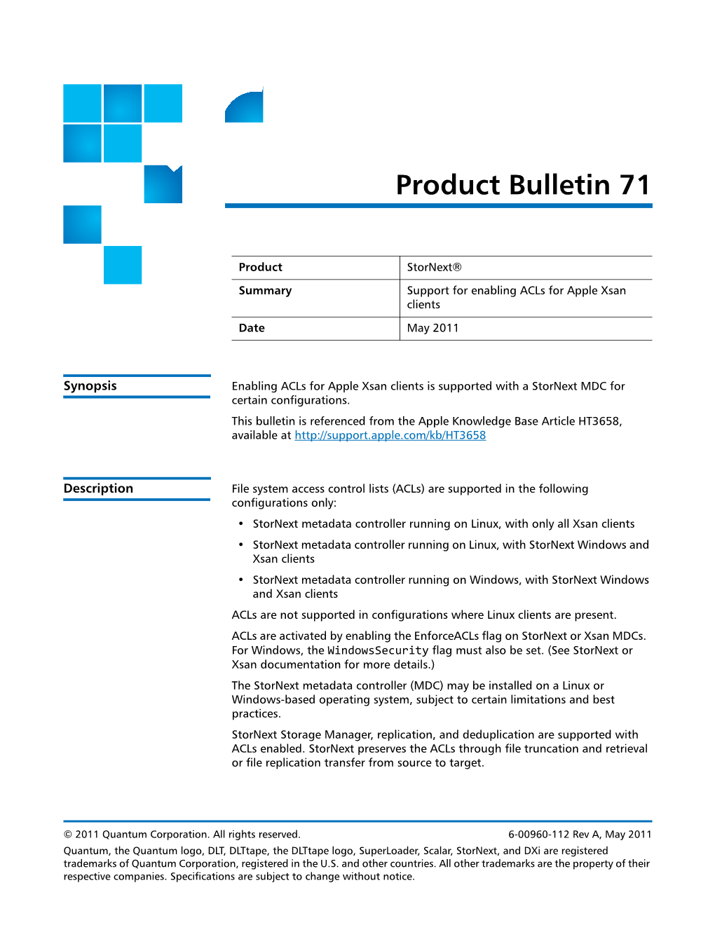 Stornext Product Bulletin 71 6-00960-112 Rev a May 2011