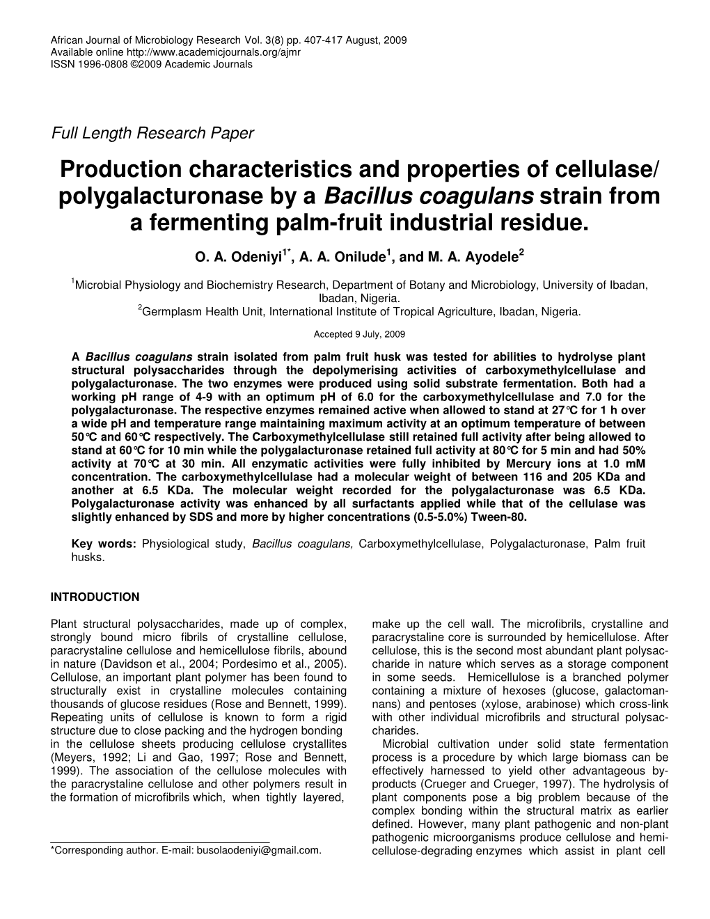 Production Characteristics and Properties of Cellulase/ Polygalacturonase by a Bacillus Coagulans Strain from a Fermenting Palm-Fruit Industrial Residue