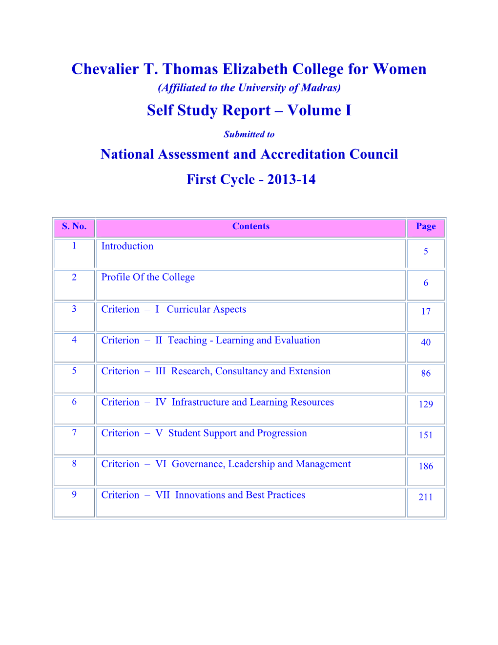 Chevalier T. Thomas Elizabeth College for Women Self Study Report – Volume I